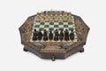 Octagonal chess set with storage, emerald-green epoxy squares and turned wooden pieces set up for play
