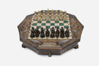 Octagonal chess set with storage, emerald-green epoxy squares and turned wooden pieces set up for play