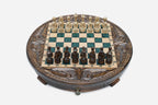 Round chess set with storage, emerald-green epoxy squares and turned wooden pieces arranged for play
