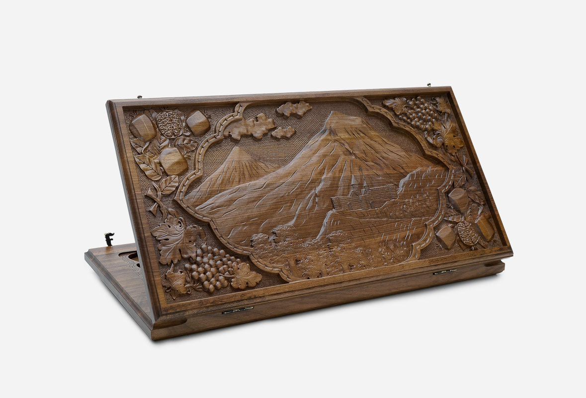 Mount Ararat and Khor Virap Walnut Backgammon Board - hand-carved Armenian set