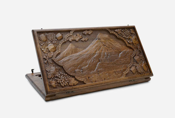 Mount Ararat and Khor Virap Walnut Backgammon Board - hand-carved Armenian set