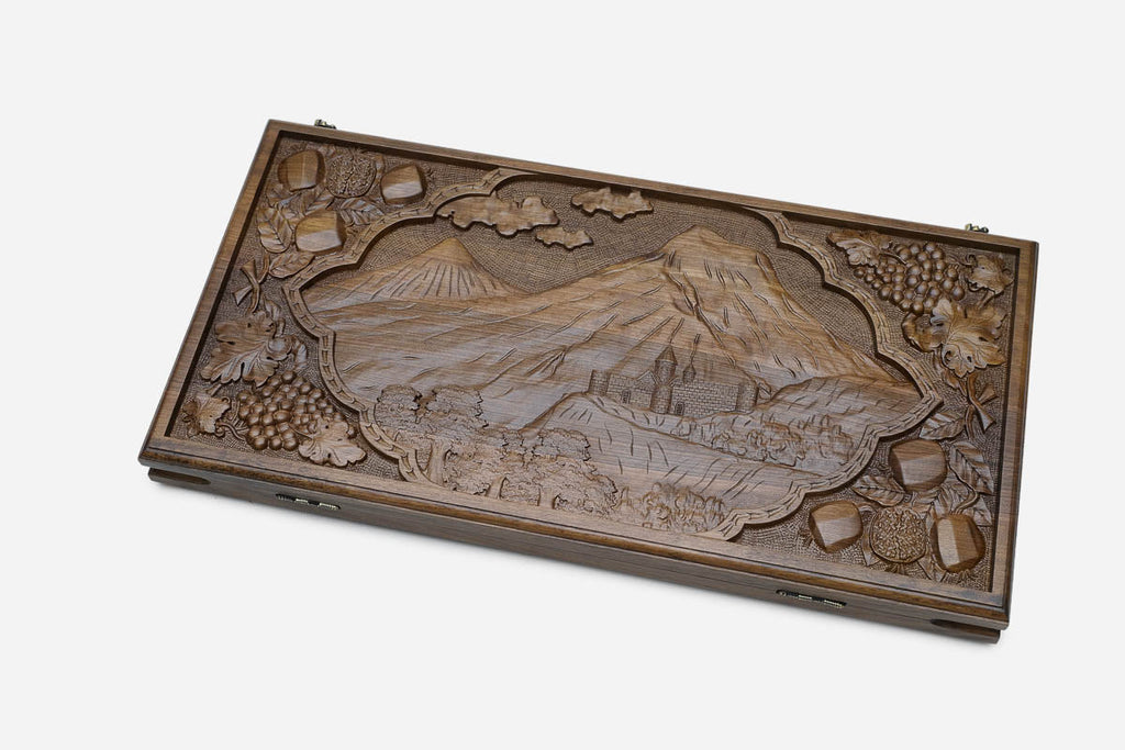 Ararat and Khor Virap walnut backgammon board folded with bronze hinges and clasps