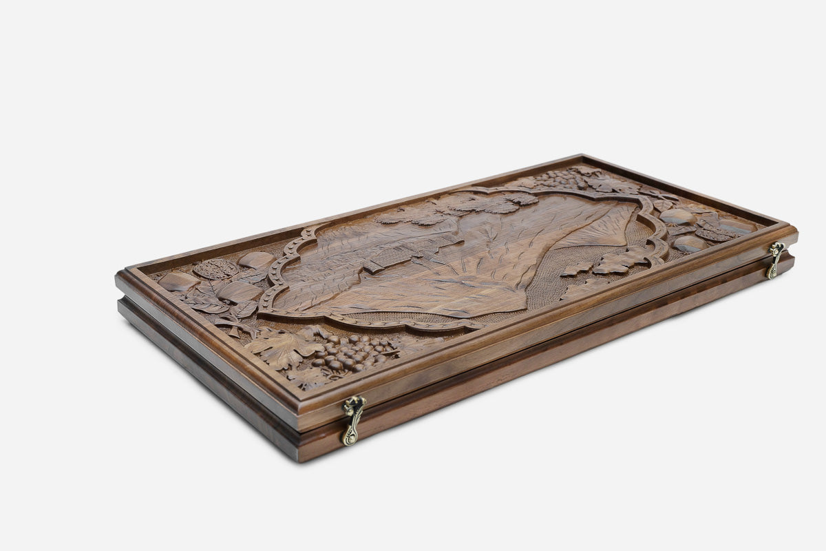 Handmade Armenian walnut backgammon set - side view of the carved board