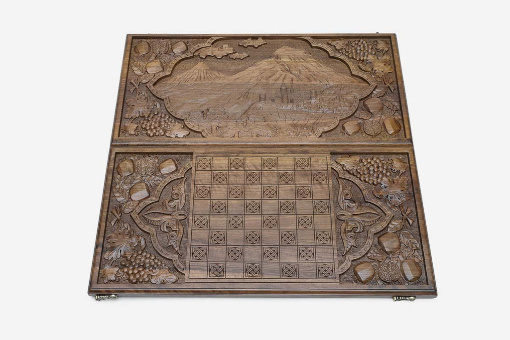 Walnut backgammon board open to the 23.6 inch / 60 cm nardi playing field