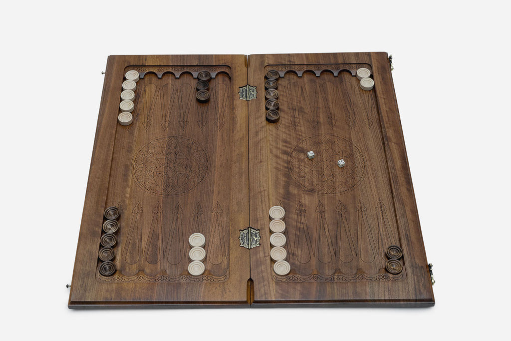 Luxury walnut Armenian backgammon board with carrying bag - full set