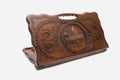 Carved Armenian backgammon board with the Holy Saviour church of Gyumri and a cut-out carry handle, propped open