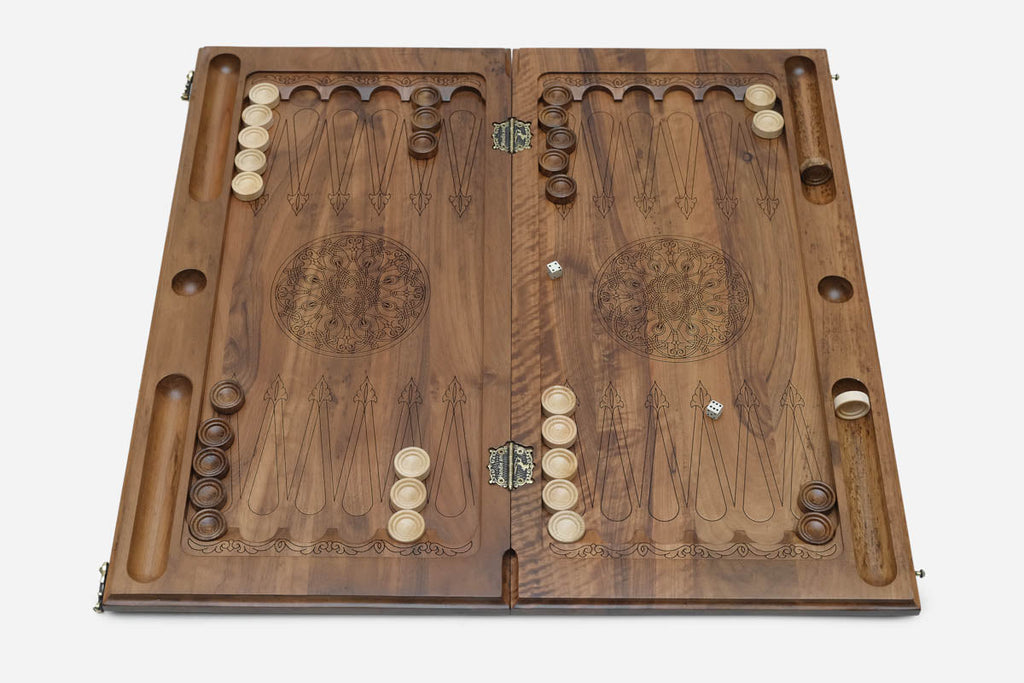 Carved ornament walnut backgammon set with 32 beech and walnut checkers and dice