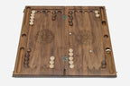 Carved ornament walnut backgammon set with 32 beech and walnut checkers and dice