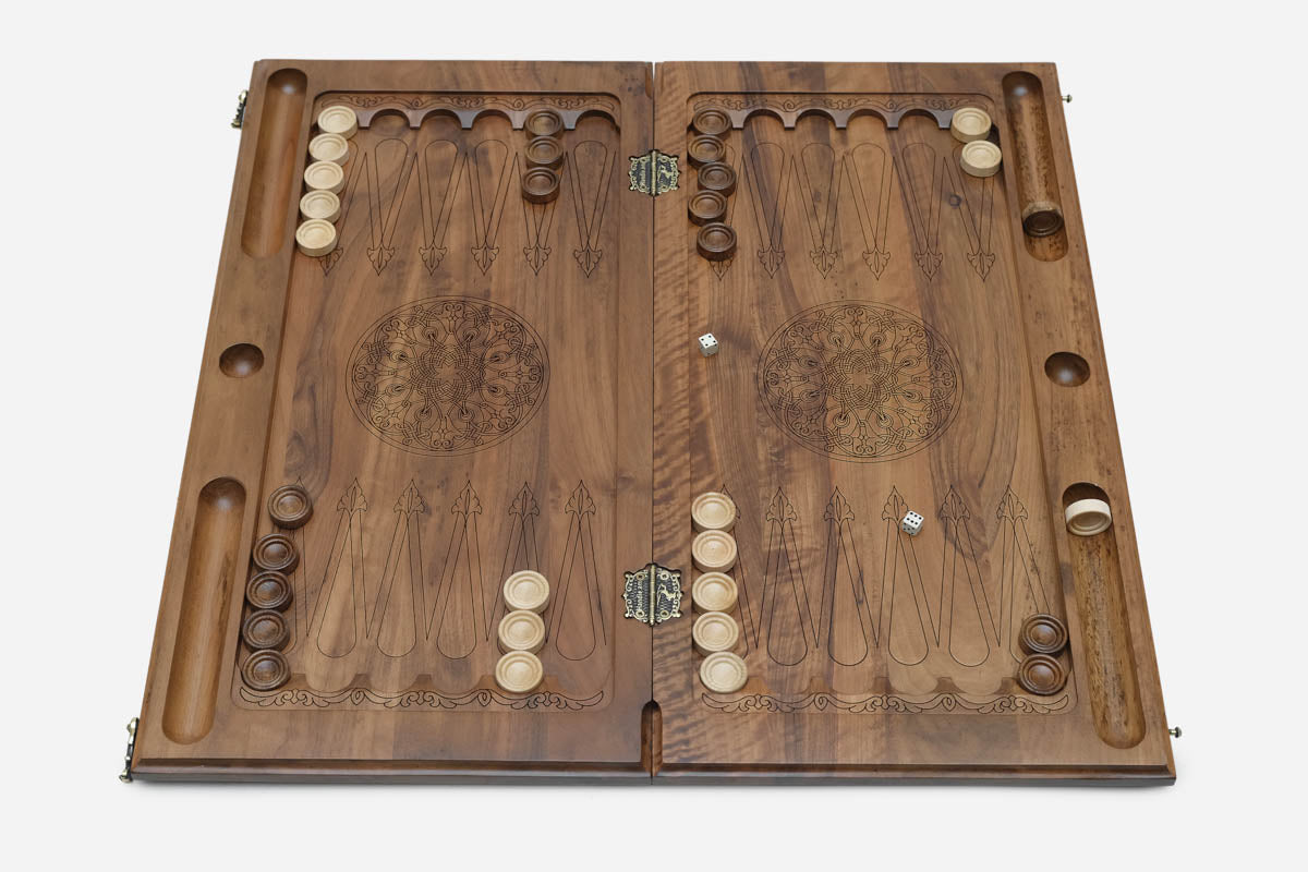 Carved ornament walnut backgammon set with 32 beech and walnut checkers and dice
