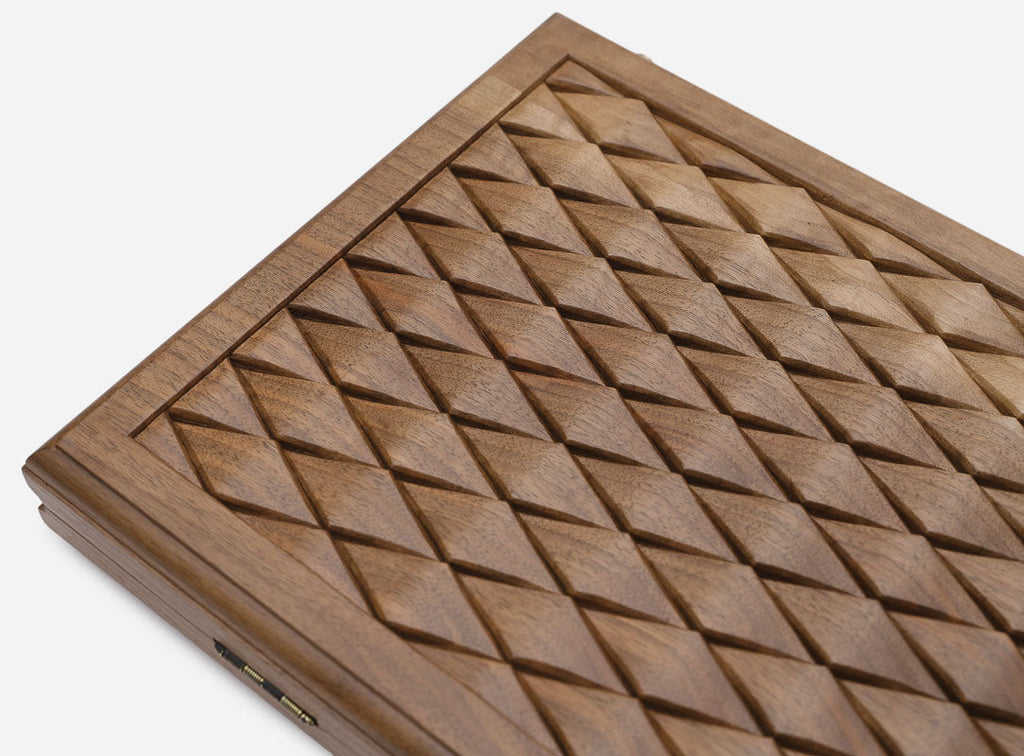 The backgammon board opened to the full 60 cm wooden playing field