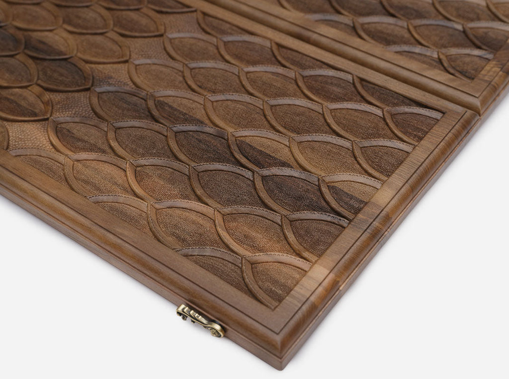 The backgammon board opened to the full 60 cm wooden playing field