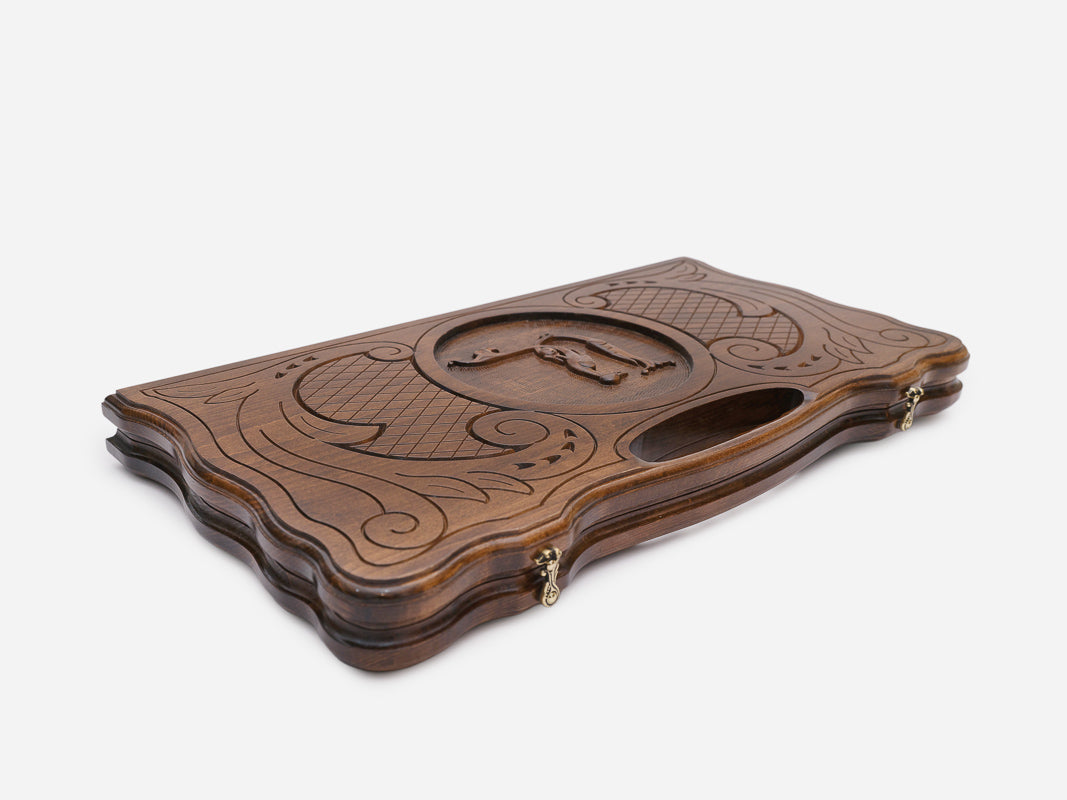 The backgammon board opened to the full 60 cm wooden playing field