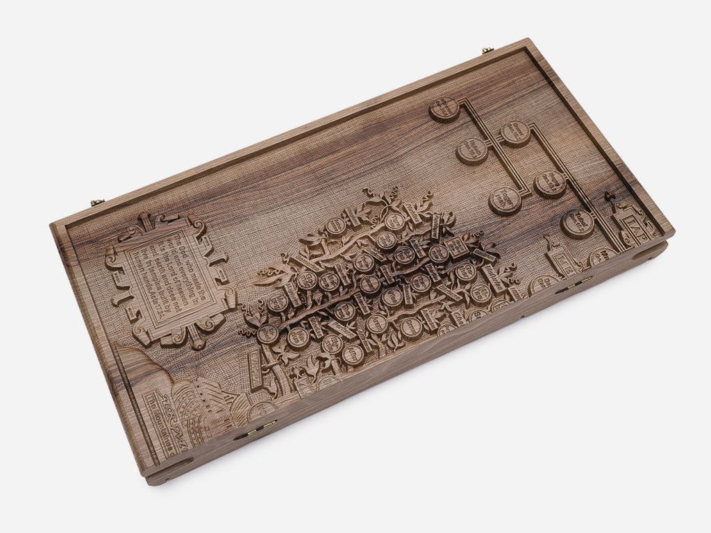 Angled view of the walnut backgammon set showing the carved family tree