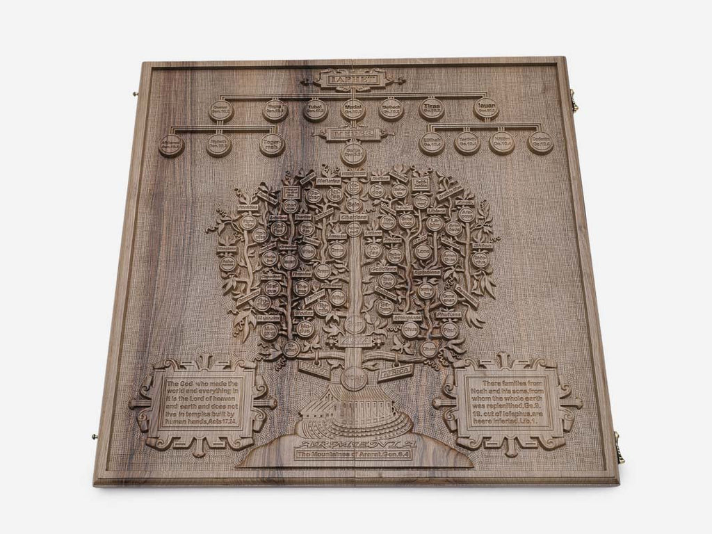 Luxury walnut backgammon board carved in deep relief with the family tree of Noah