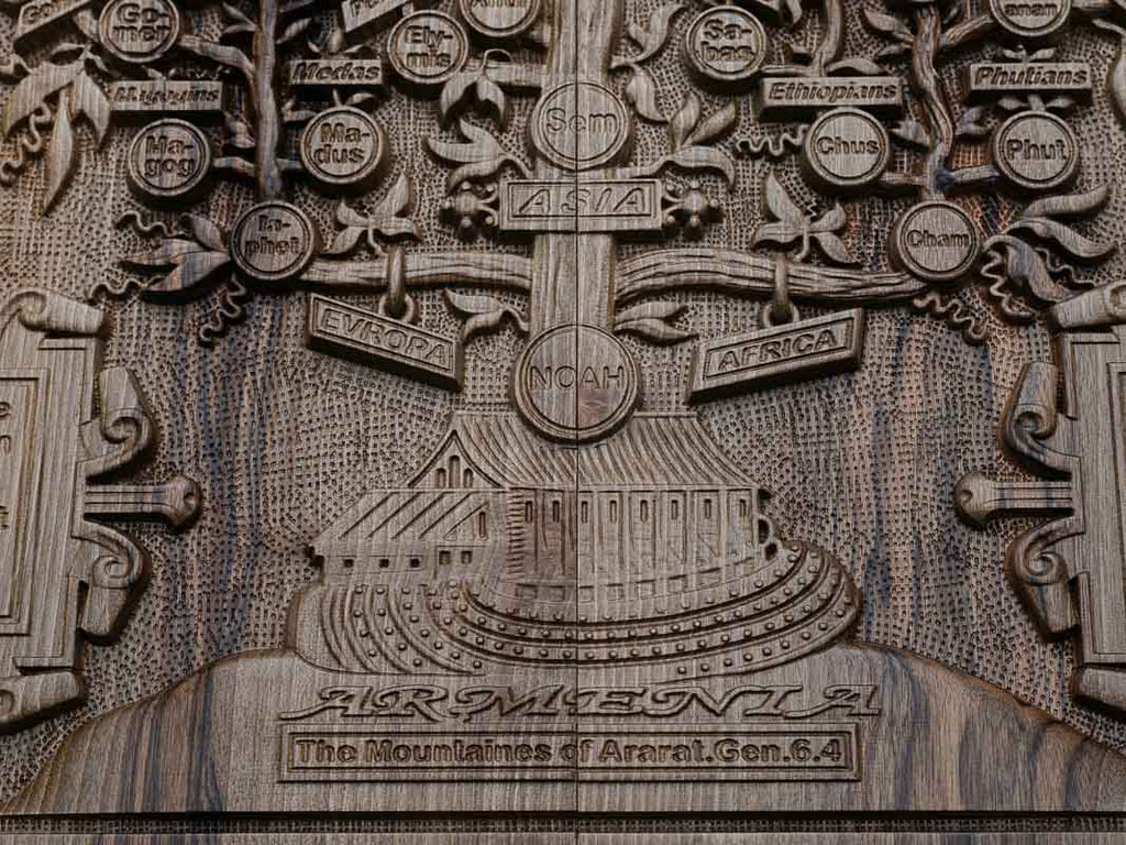 The upper branches of the carved family tree