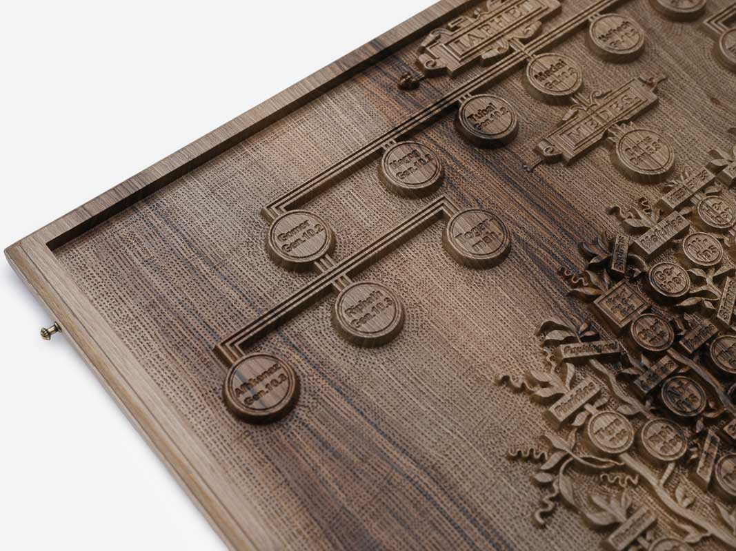 Close-up of the carved trunk and roots in walnut