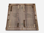 Side view of the folded walnut board showing its bronze hinges