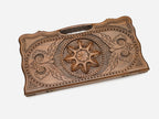 Angled view of the snowflake ornament carved backgammon board