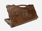 Hand-carved wooden backgammon board with a horse at full gallop and a cut-out carry handle, propped open