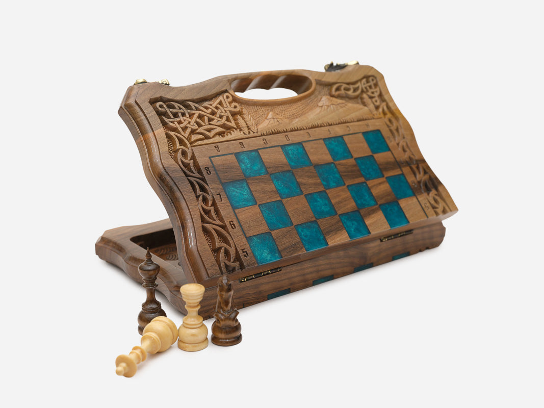 Armenian epoxy chess set with hand-carved Mount Ararat