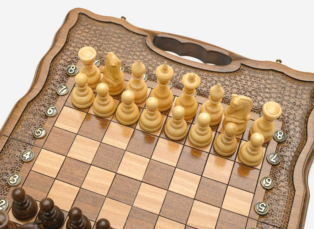 Small wooden chess backgammon set, side view