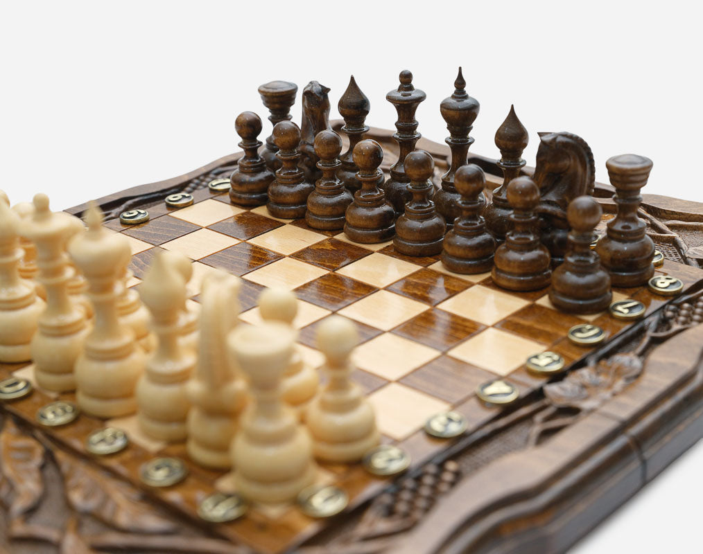 Walnut chess backgammon set with bronze clasps