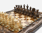 Walnut chess backgammon set with bronze clasps