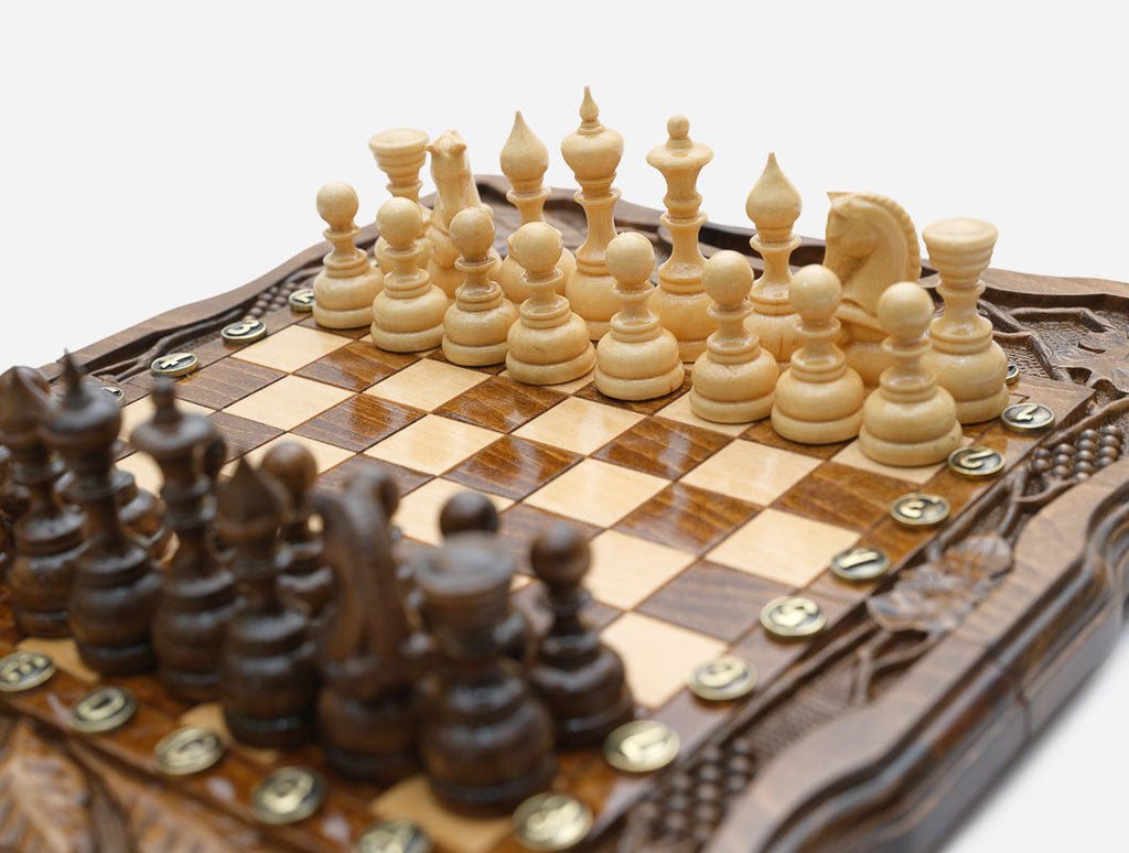 Pomegranate walnut chess set, detail