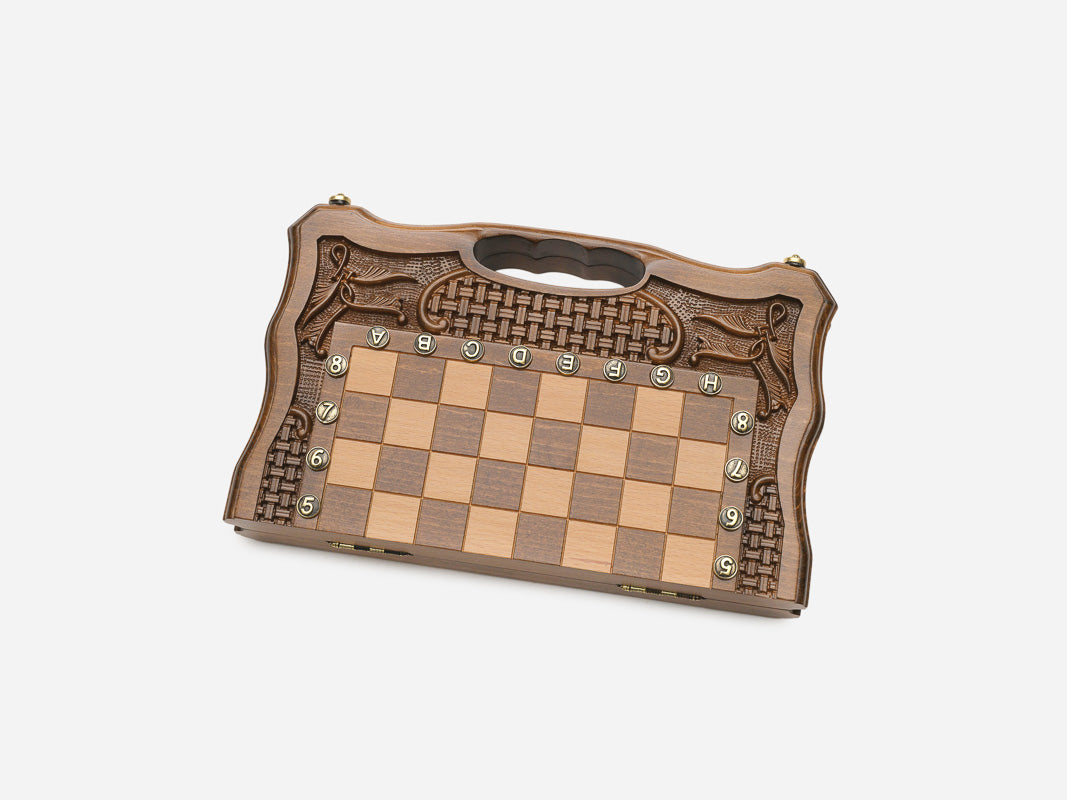 Figural bronze pieces on the small walnut board