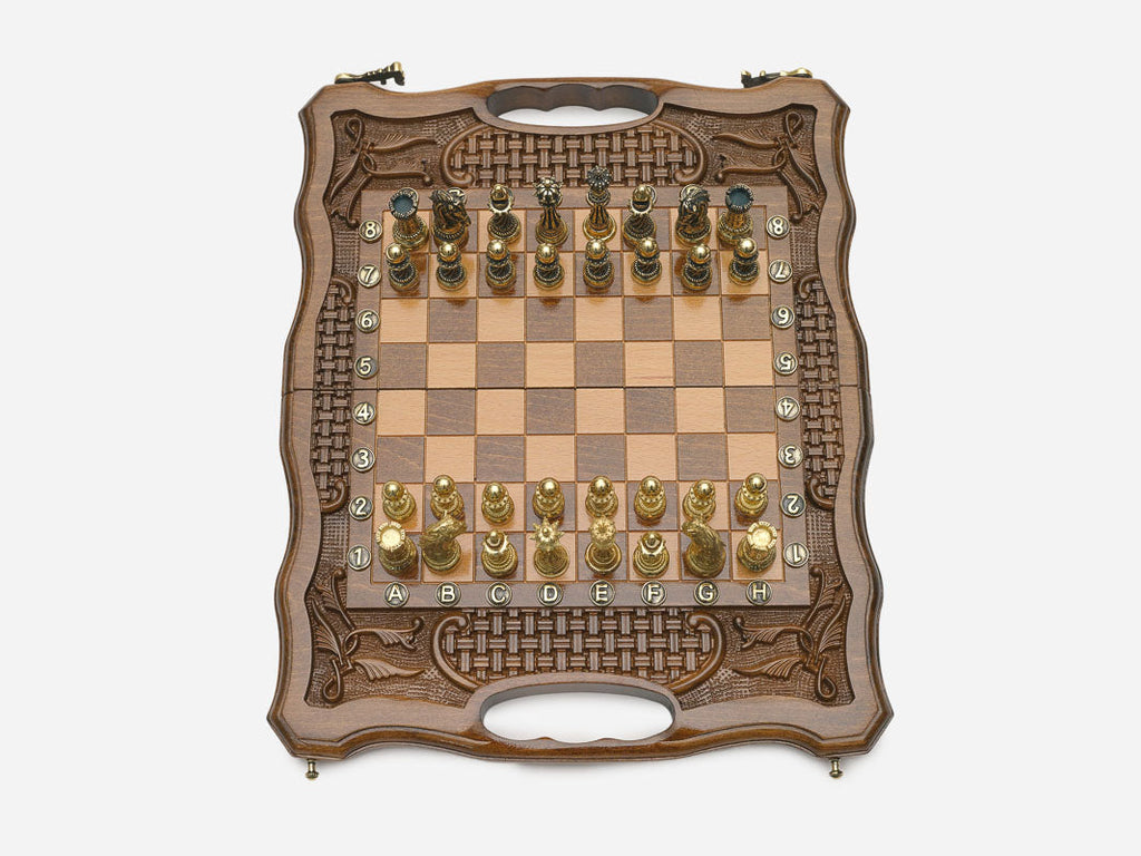 Compact walnut chess backgammon set with bronze army
