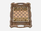 Compact walnut chess backgammon set with bronze army