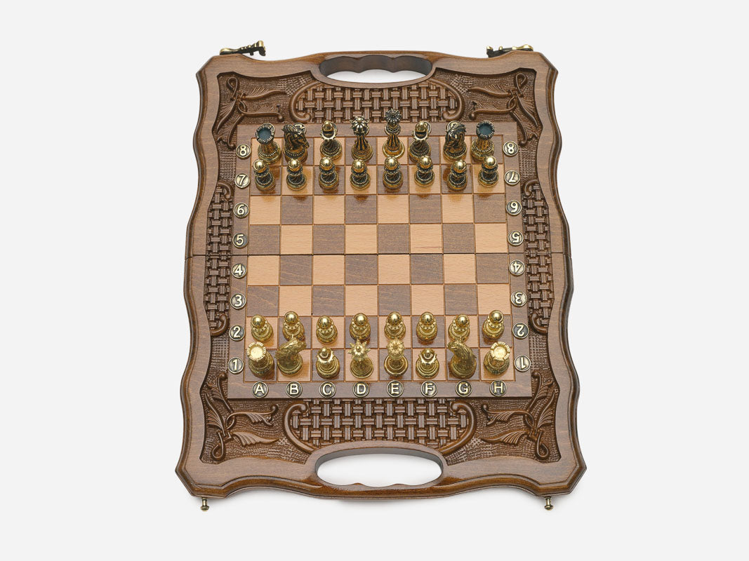 Compact walnut chess backgammon set with bronze army