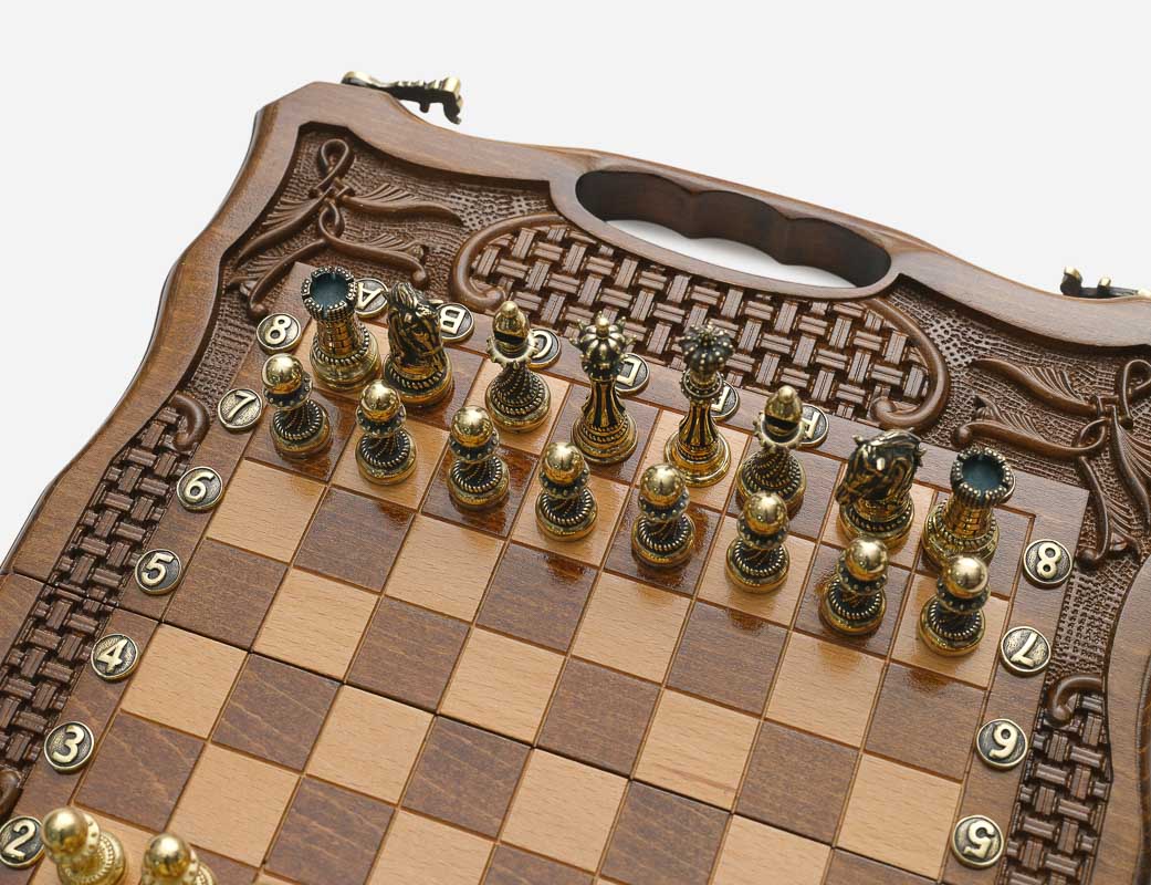 Jewel-box walnut games set, angled view