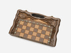 Folded walnut chess and backgammon board showing the carved Mount Ararat frame