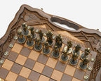 Compact chess and backgammon set with brass carry handle