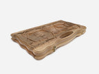 The walnut backgammon board opened to the full 60 cm playing field