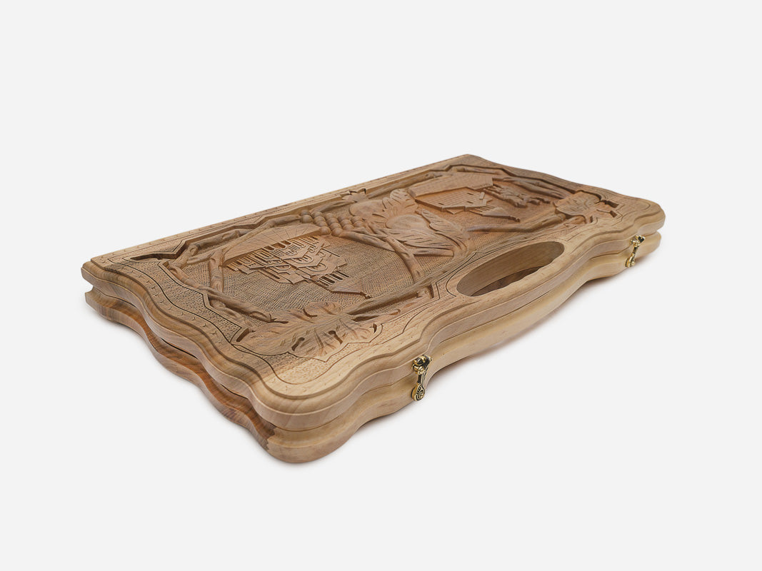 The walnut backgammon board opened to the full 60 cm playing field