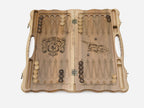 Side view of the folded walnut board showing its bronze hinges