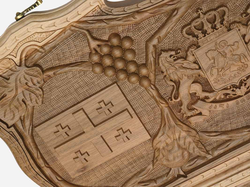 The carved coat of arms seen from another angle