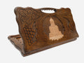 Carved Georgian backgammon board with Sameba Cathedral wreathed in grapevines, cut-out carry handle, propped open