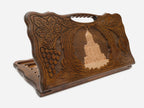 Carved Georgian backgammon board with Sameba Cathedral wreathed in grapevines, cut-out carry handle, propped open