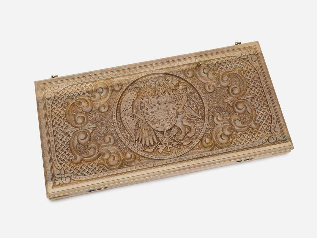National coat of arms walnut backgammon set folded with bronze hinges and clasps