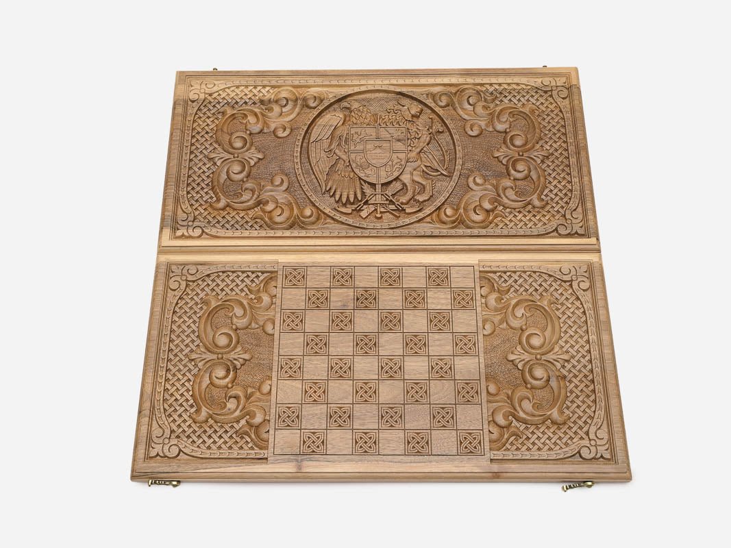 Eagle and lion guarding Mount Ararat - walnut backgammon carving detail