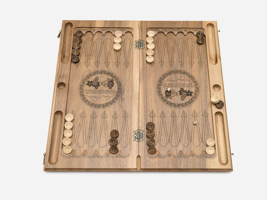 Solid walnut grain on a handmade Armenian backgammon set - detail