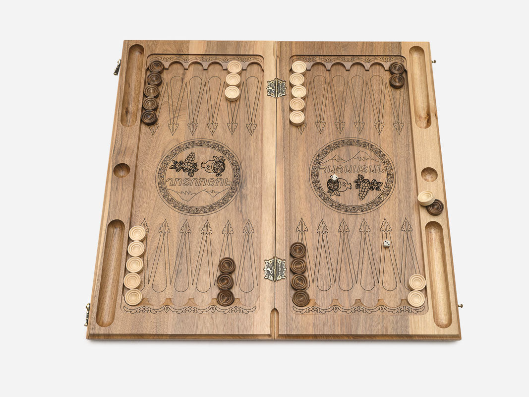 Solid walnut grain on a handmade Armenian backgammon set - detail