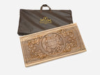 Coat of arms walnut backgammon set with 32 checkers, dice and carrying bag
