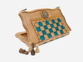 Luxury Armenian chess set with turquoise epoxy squares and an inlaid bronze coat of arms, standing partly open