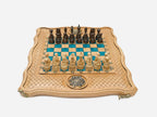 Detail of the dark walnut chess pieces standing on the epoxy squares