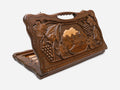 Carved Armenian backgammon board with the Vahanavank monastery among mountains and grapevines, propped open