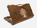 Luxury Armenian backgammon board with a bronze tree of life and ornate bronze carry handle, propped open